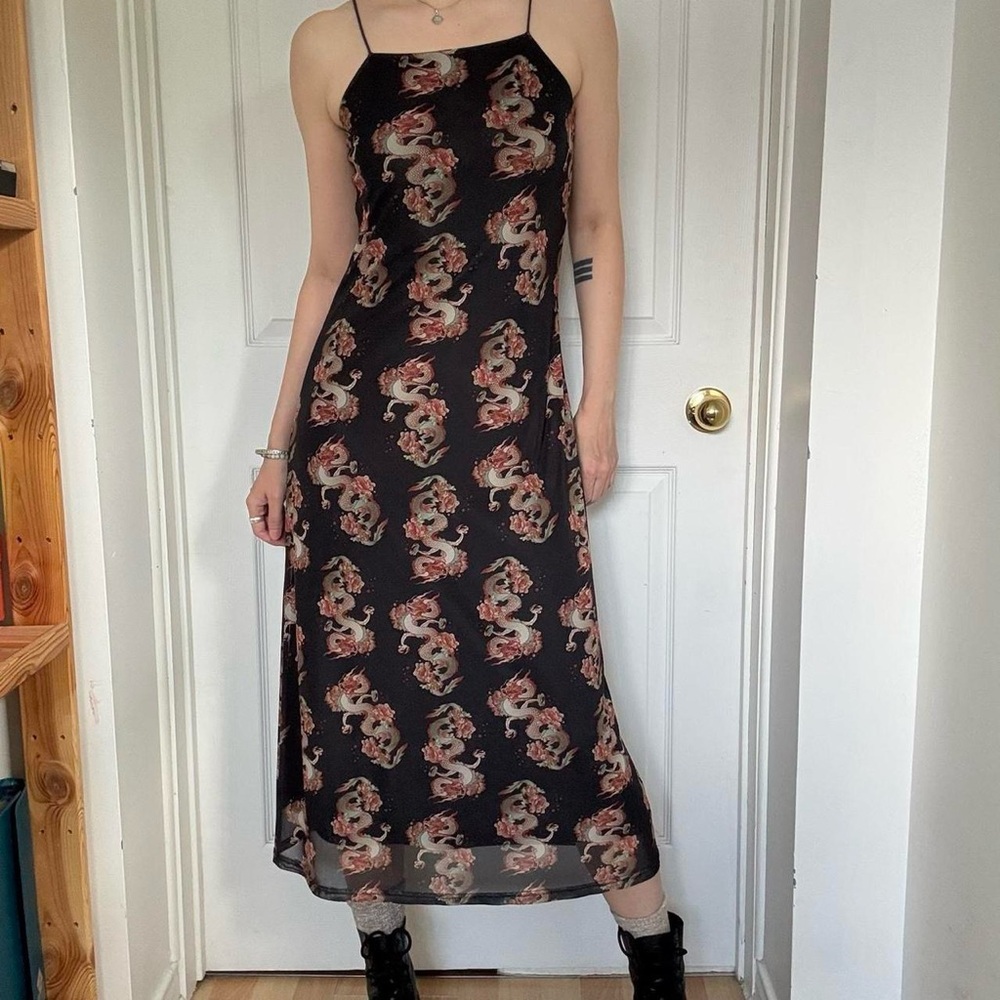 twik Black Maxi Slip Dress with Cream and Rust Dragon